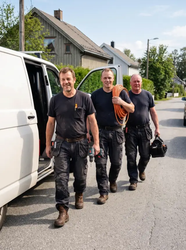 Tre elektrikere fra Elektriker Ellingsrud på vei fra bilen til et oppdrag